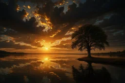 Create an image of a surreal sunset over tranquil lake, radiant golden sunlight streaming through dramatic clouds, lone tree at water’s edge, perfect mirror reflection, warm hues of gold, orange, and deep blue, ethereal atmosphere, cinematic lighting, ultra-detailed textures, emotional and inspirational mood, wide-angle composition