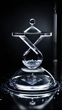 A transparent symbol of a scale featuring two scales, the Libra symbol, and a balance of proportions made of diamond and water. The floor is made of water. Black background. Dramatic lighting.