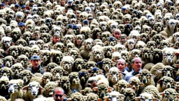 large crowd of people all with sheep heads