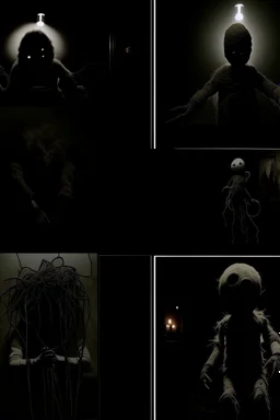 arcane montage, minimalism, found footage with an unsettling dread. The grainy image reflects dull colors exacerbating an atmospheric gloom. unusual juxtapositions - a fantastical segmented arm evolving into an anthropomorphic husk doll across several panels, extreme contrast