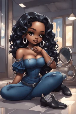 Create a futurism magna art of a black chibi curvy female sitting on the floor looking at herself in a hand mirror. She is wearing tight blue jeans and a black off the shoulder blouse. Prominent make up with lush lashes. Highly detailed long wavy hair. She is also wearing silver large hoop earringsart of a black chibi curvy female sitting on the floor looking at her cell phone. She is wearing tight blue jeans and a black off the shoulder blouse. Prominent make up with lush lashes.