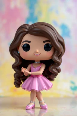 Funko Pop, very young female, medium hard wavy brown hair, pink ballerina dress, dance pose, smiling, very happy, colorful background, allowing visibility of the figure, typography, 3D render.