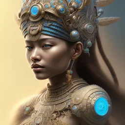 Sango fantasy, fantasy magic, intricate, sharp focus, illustration, highly detailed, digital painting, concept art, matte, art germ and Paul Lewin and Kehinde Wiley, masterpiece Mayan princess dancer head bronze feather's' Asian Latin girl nice breast brown Thai hair turquoise silver blue sky