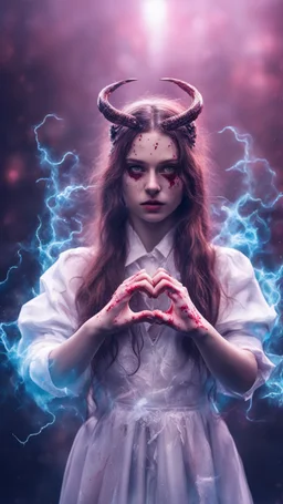 Wizard girl with heart bleed in her hands, half demon and half angel, 8k, macro photography, sparks around,