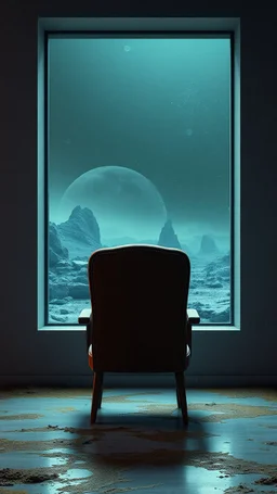 A chair rear view facing a wall with with big window with glass behind it a landscape covered in sulfur and sludge that looks futuristic with futuristic lighting, realistic rendering