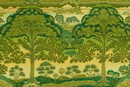 An olive green savanna with leafy trees designed in Mehndi design painted by Claude Monet