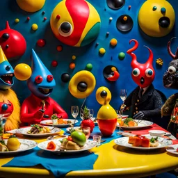 Close-up shot of ultra realistic odd monsters dining, vivid, ultra realistic, Joan Miró, hypermaximalist figures, light, Italian 1970's odd movie, plastic, hilarious, Minicavio Quollati style, photography by Marlost Endgulp, ornate, 4k, photorealism, impressionism, Yves Tanguy