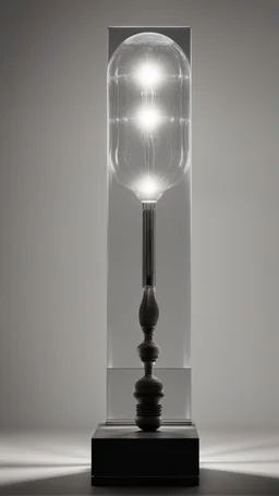 portrait of a square pillar with a bulb in the foot, and mirrors reflecting light up into a square crystal head