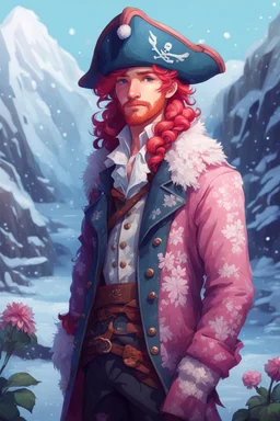 kind sailor, man, red slightly curly hair, long jacket, pink-azure clothes, pink-azure cocked hat in cold colors, white floral pattern on jacket, flower in hair, pirate, frozen, stardew, valley style