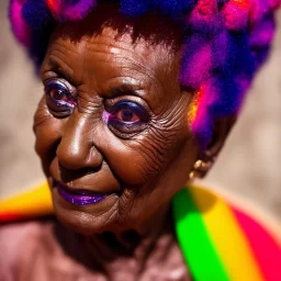 masterpiece, best quality, old woman, dark skinned, sparkling eyes, fluorescent skin, colorful makeup, afro, head shot, highly detailed body, sun light, 4K, RAW, depth of field, high contrast, realistic details, 24mm