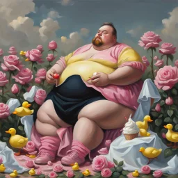 A fat man wearing a Balenciaga dress is sitting in a field of pink roses next to yellow plastic ducks and eating ice cream. 19th painiting