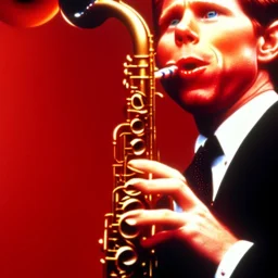 Closed REd-haired Ron howard Is richie from happy days playing his saxophone with his "closed eyes", rock band, embouchure, joanie cunningham