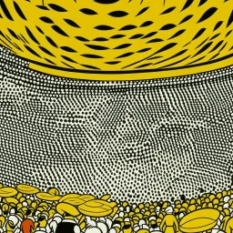 A yellowish orange coliseum filled with brawlers painted by Roy Lichtenstein