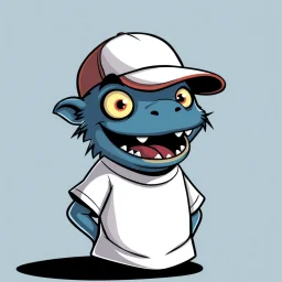 cartoon monster wearing a ballcap and T-shirt on solid color background