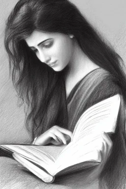 Pencil sketch of Young woman, Arab features,sad, long wavy hair, reading a book, full body، on lined paper