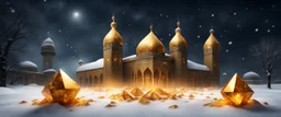 Hyper Realistic Big golden Crystals on snow outside a big Dark Abandoned Mosque with beautifully crafted Marinates at dark heavy snowfall night