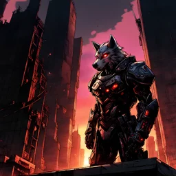 ((Anime future, man in futuristic suit, powerful wolf with piercing red eyes), city in ruins, breathtaking sunset, vibrant hues), adorned in armor, dominance, decay, metropolis, unyielding spirit of humanity, industrialized world, contrasting juxtaposition, (dramatic lighting, futuristic atmosphere, ruined cityscape, sunset), wide-angle lens, high resolution Negative prompt: (((((bad quality, poorly drawn, distorted, disfigured, ugly)))))