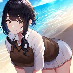 Clear focus, High resolution, black short fluffy hair, long locks, smiling, wearing a brown vest on top of a white skirt, wearing a blue short skirt, at the beach, cinematic lighting