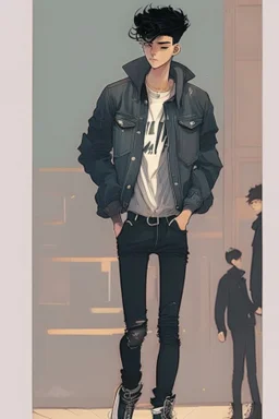 Teen man, black hair,demin jacket, perfect face, style of tomer hanuka, jeans, pompadour. standing, full body