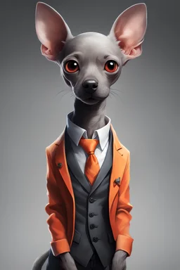 create an image of a hairless xoloitzcuintle puppy, wearing gray and orange suit, with a little bird of all colors perched on its back, black filter, ultra detailed and visually rich concept art illustration of cute complex creatures of living molecules of persona 5, bright and enchanting, illuminated fantasy kingdom, (((rule of thirds))) depth of field intricate details, fantastic kingdom, extremely detailed, ultra-sharp focus, light particles, attention to detail, grandeur and aw