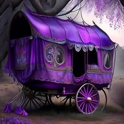 Old fashioned purple, blue and pink gypsy wagon decorated, curtains fluttering in the wind