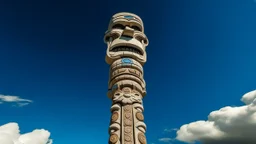 A white peak in the puffy clouded sky designed in Pacific Northwest totem poles painted by Albrecht Durer