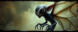 3d airbrush render, magpie elf vampire alien dodo , pinhole cam, airbrush 3d rendering, in the style of Titian and Dali , torn edges on border