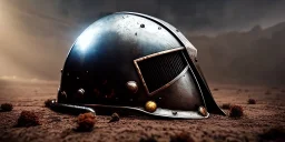 apocalypse, chaotic, magnificent, realistic, colorful, massive, epic, ray tracing, cinematic, 8k, HD, Ultra High Definition, photo film, film grain, hyper-detailed, old rusty Hyper detailed Medieval Knight helmet on ground