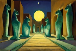 at night in an alley with noctilucent glass art sphinxes on both sides, torches, on a desert planet, perspective, centered, symmetry, vanishing point,by artist "William Merrit Chase",glass art