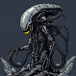 8 bit pixelart a Biomorphic Biomechanical Alien Queen by Giger