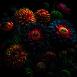 Hyperrealistic, spooky, dark, odd flowers, sharp focus, 8k, 3d, very detailed, volumetric light, grim, fine art, very colorful, ornate, 35mm, F/2.8, insanely detailed and intricate, hypermaximalist, super detailed