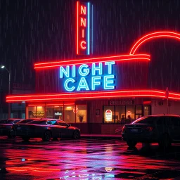 captivating high-resolution image of glowing neon diner sign reading "NIGHT CAFE," vibrant UV-reactive neon colors on a rainy night. The bright red neon track lighting wraps around the roof, creating a mesmerizing glow. Bustling parking lot is full. puddles reflecting the dazzling neon lights. HD, mind-bending artistic photography. rendered in stunning 8k resolution, Unreal Engine 5