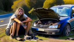 man and crying lady sit in front seat of broken down jetta on side of the road