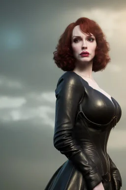 Christina Hendricks as evil queen in black leather gown, feminie, angry, stern look on her face, volouptous, busty, cleavage, emperious, mature unreal 5, octane render,cinema4d, dynamic lighting, dramatic lighting, 4k, redshift render, highly detailed, hyper realistic, in space