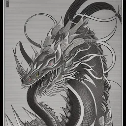 Ukiyo-e styled art, black and white dragon, full picture