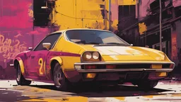 highly detailed portrait of (1car), (sitting:1.1), (medium full shot), by greg tocchini, by james gilleard, by joe fenton, by kaethe butcher, gradient yellow, black, brown and magenta color scheme, grunge aesthetic, graffiti tag wall background