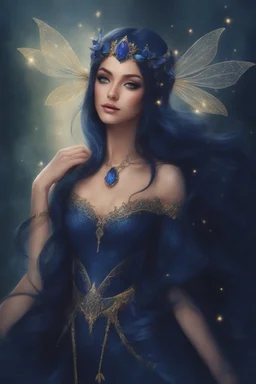 Midnight blue,Dark blue hair,night,dark fairy princess ,elven crown,elven ears,sparkle,glitter,gold armor,dragonflies,rapunzel hair,water lilies