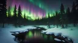 siberian forest at night,taiga,fir trees,aurora,creek, volumetric lighting, Dramatic scene,