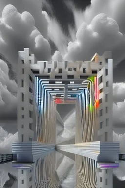 an idea is created of a bridge which has white clouds, in the style of futuristic digital art, grid formations, hall of mirrors, black and gray, photorealistic fantasies, multilayered dimensions, frontal perspective