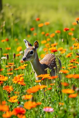 a medow with orange an red flowers i sunshine , in the middle a dear among the flower looking at the camera