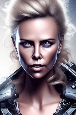 Charlize Theron ,fly hair, mist around, highly realistic, highly detailed, gangsta armor, mist around, smoke