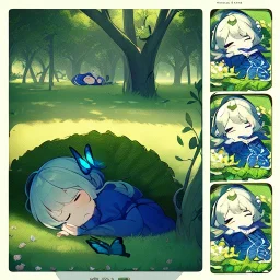 tiny anime girl sleeping in the distance, laying down in a field of flowers, underneath a willow tree, with a butterfly on her nose, hand detail looks human.zoom out