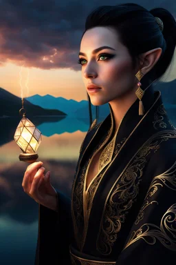 dark black eyes, female elf, dark high ponytail hair, detailed ornamental magical robe, glowing gem crackling with lightning implanted on robe, 8k, high detail, lake background, midnight, facing viewer