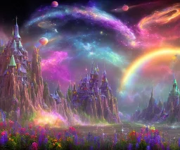 cielo cosmico insieme al mondo fantasy, astronavi tra le stelle prati pieni di fiori colorati,(arcobaleno) con un castello con piscine e cascate