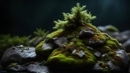 Christmas tree lights on a wet rock with moss and lichens,dark background,dramatic scene,