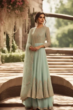 A powder blue anarkali suit with a high-low hem and a flowy silhouette.The bodice is heavily embroidered with intricate threadwork and sequins in a floral pattern.The dupatta is a sheer mint green with scalloped lace borders.