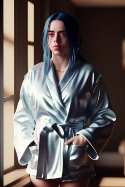 Billie Eilish, bathrobe, stockings, high detail, realistic, 8k, not to be distinguished from a photo, identical pupils