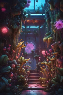 Expressively detailed and intricate 3d rendering of a hyperrealistic: cyberpunk plants and flowers, neon, vines, flying insect, front view, dripping colorful paint, tribalism, gothic, shamanism, cosmic fractals, dystopian, dendritic, artstation: award-winning: professional portrait: atmospheric: commanding: fantastical: clarity: 16k: ultra quality: striking: brilliance: stunning colors: amazing depth: masterfully crafte