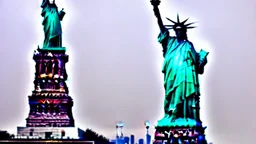 A Tesla's 'Model S Plaid' is performing donuts, under the Statue of Liberty, in New York city. CINEMATIC. WIDE ANGLE LENS.