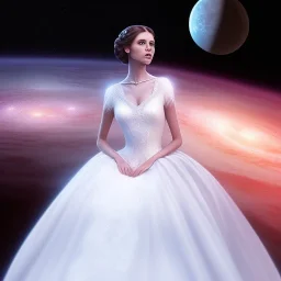 model shoot style, digital art zoomed out portrait of (Princess Leia) ((dressed in white and off white gown)), surrounded by a bulk of planets, ultra-detailed, ultra quality, ((official character art)), (dark fantasy), illustration, eerie atmosphere, 8k, cinematic lighting, bokeh